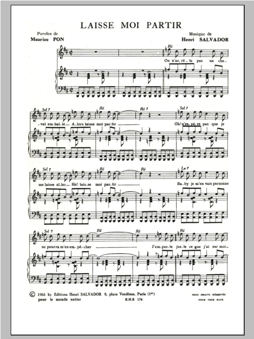 Henri Salvador Laisse Moi Partir sheet music notes and chords arranged for Piano & Vocal