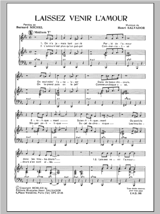 Henri Salvador Laissez Venir L'amour sheet music notes and chords arranged for Piano & Vocal