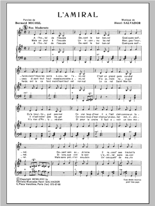 Henri Salvador L'Amiral sheet music notes and chords arranged for Piano & Vocal