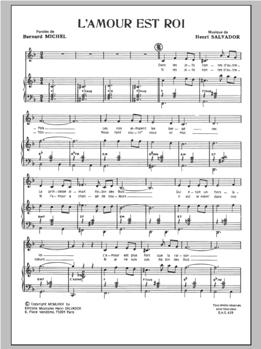 Henri Salvador L'amour Est Roi sheet music notes and chords arranged for Piano & Vocal