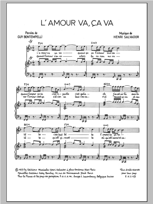 Henri Salvador L'amour Va Ca Va sheet music notes and chords arranged for Piano & Vocal