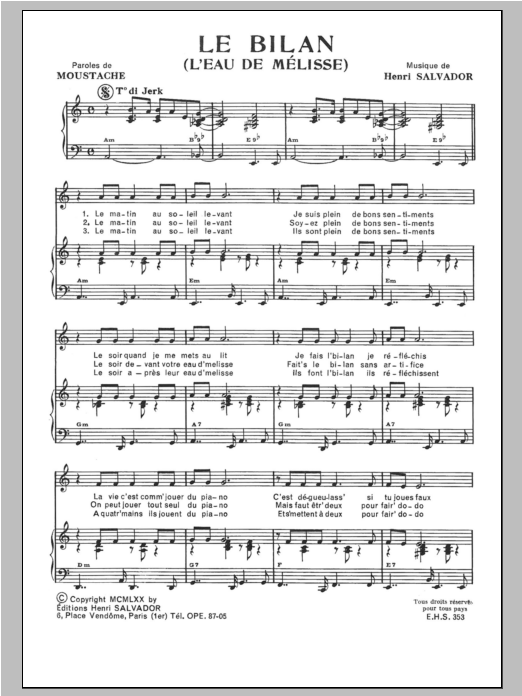 Henri Salvador Le Bilan sheet music notes and chords arranged for Piano & Vocal