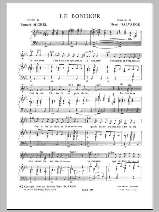 Henri Salvador Le Bonheur sheet music notes and chords arranged for Piano & Vocal