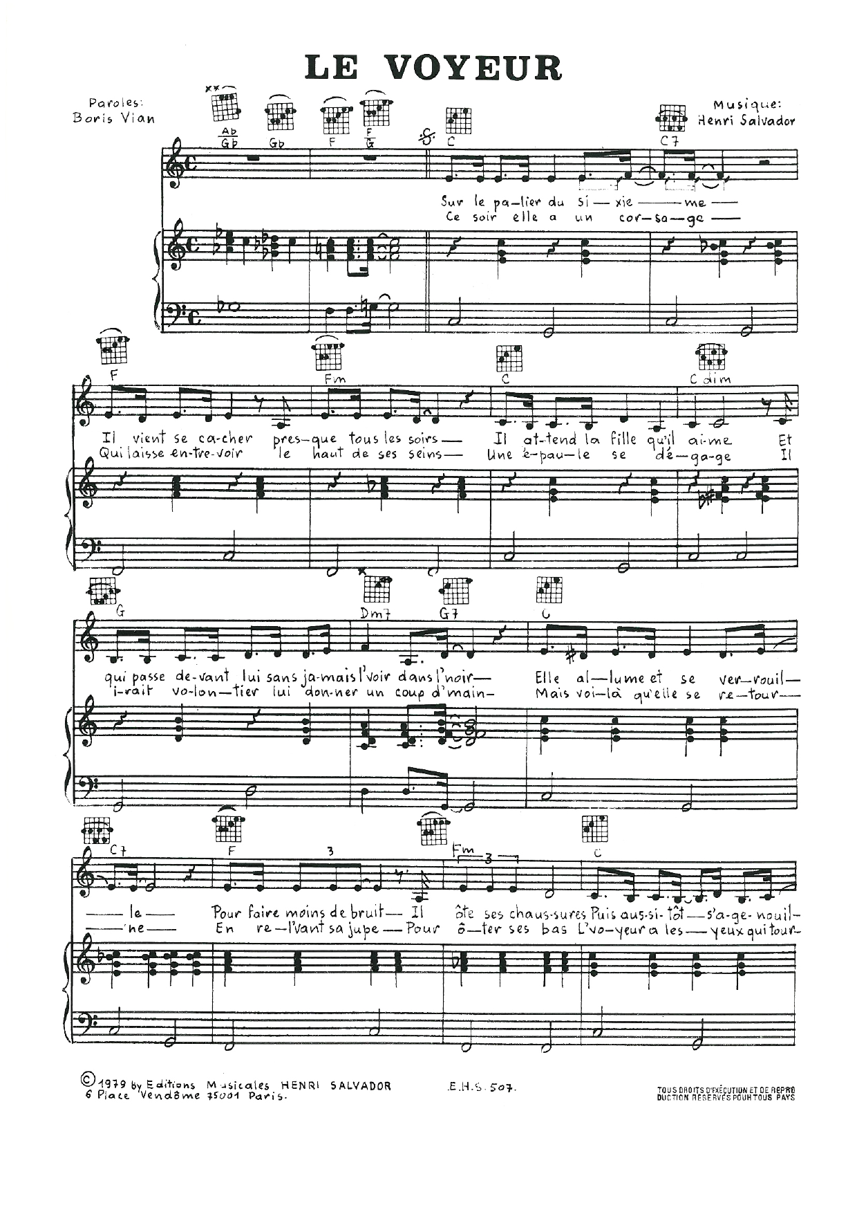 Henri Salvador Le Voyeur sheet music notes and chords arranged for Piano, Vocal & Guitar Chords