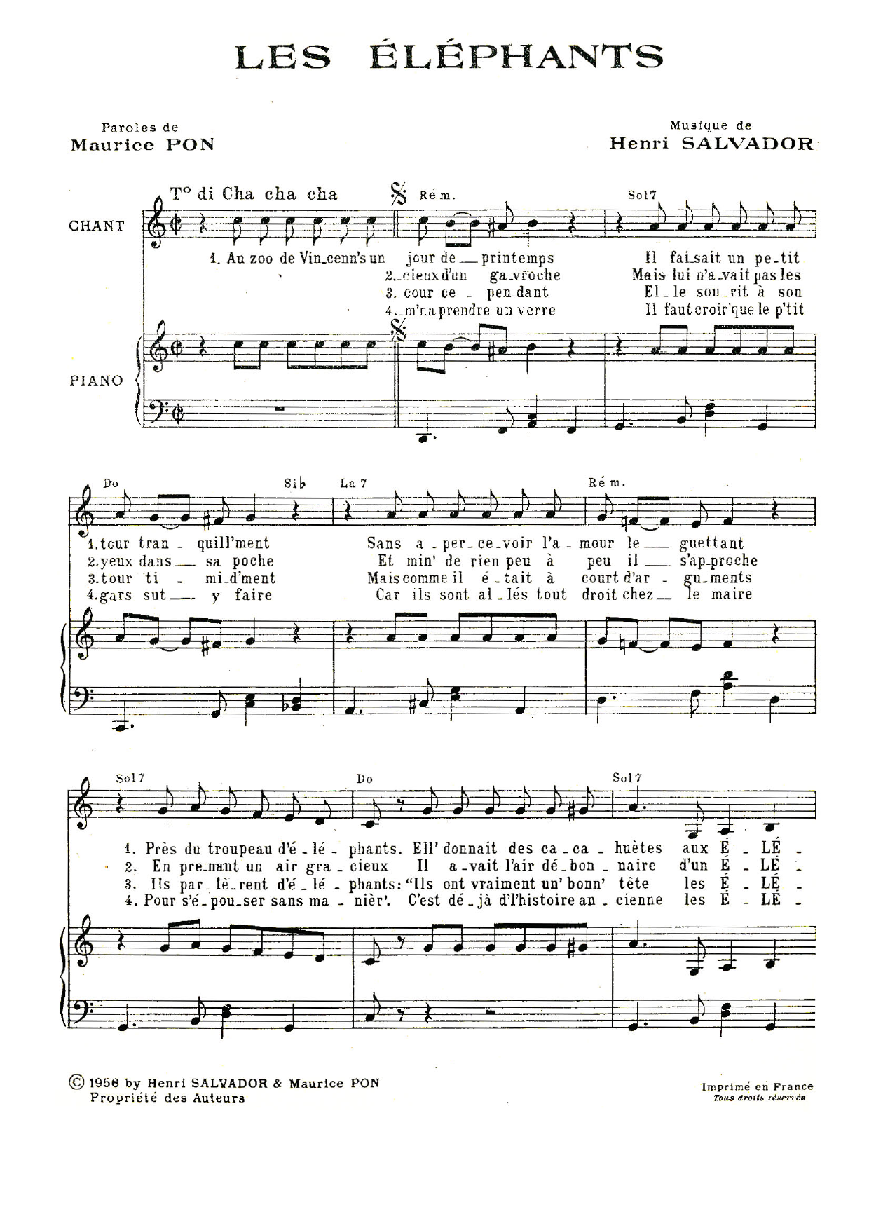 Henri Salvador Les Elephants sheet music notes and chords arranged for Piano & Vocal