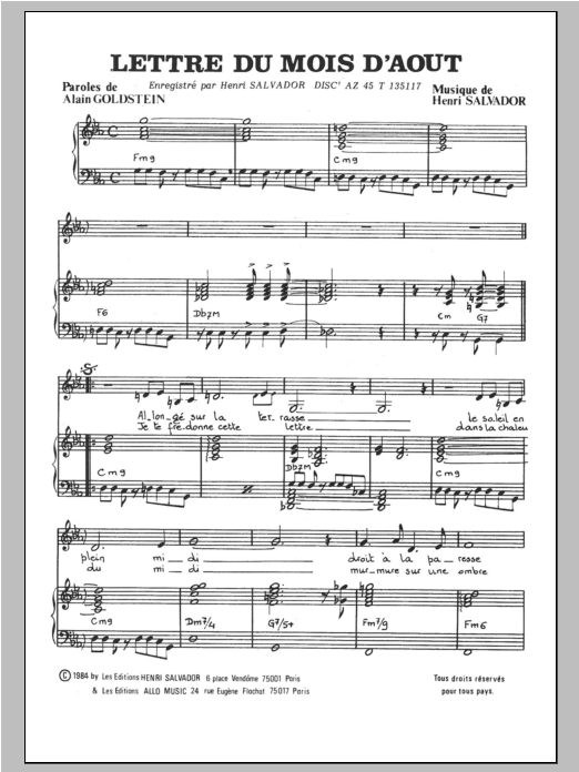 Henri Salvador Lettre Du Mois D'aout sheet music notes and chords arranged for Piano & Vocal