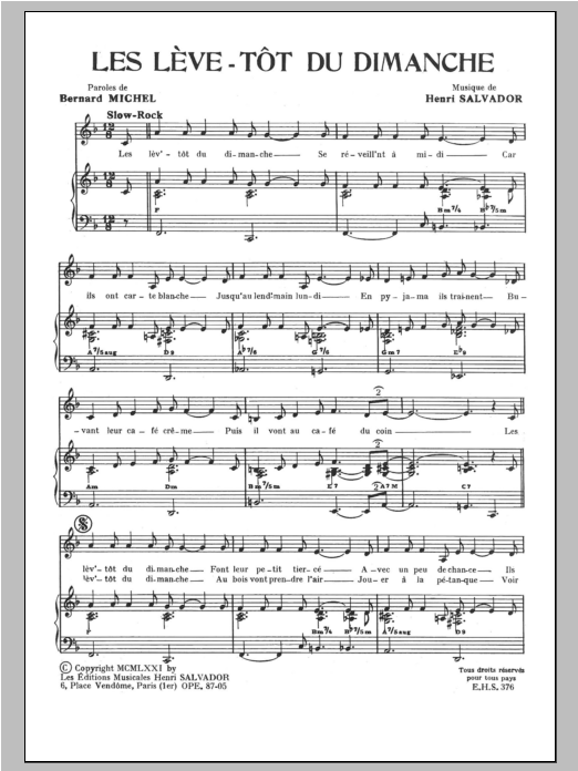 Henri Salvador Leve Tot Du Dimanche (Les) sheet music notes and chords arranged for Piano & Vocal
