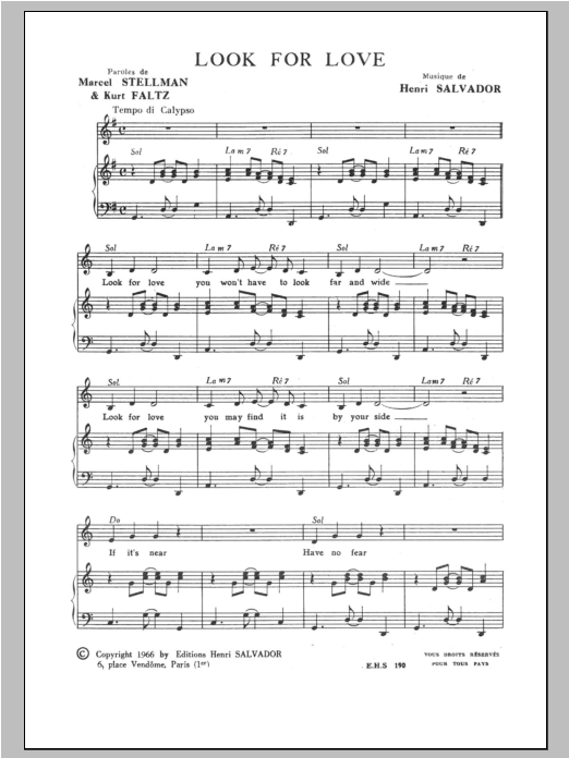Henri Salvador Look For Love sheet music notes and chords arranged for Piano & Vocal