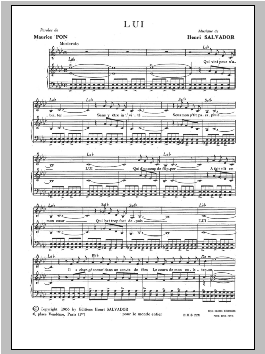 Henri Salvador Lui sheet music notes and chords arranged for Piano & Vocal