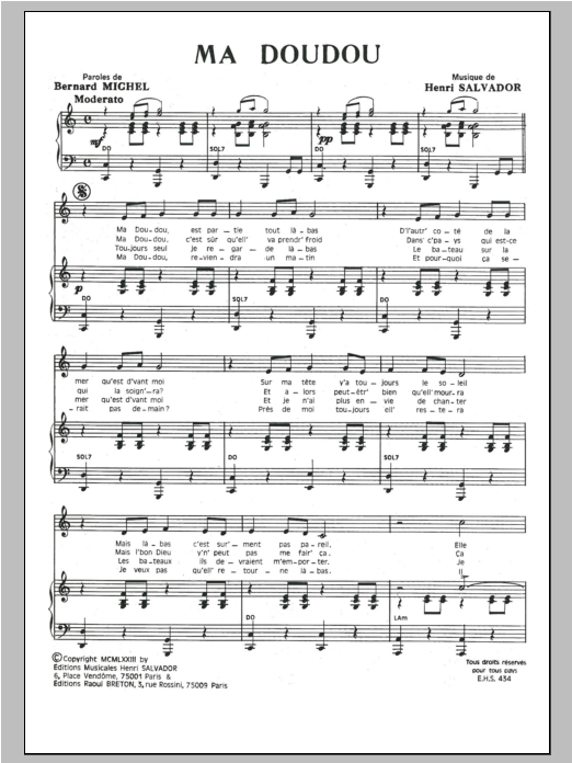 Henri Salvador Ma Doudou sheet music notes and chords arranged for Piano & Vocal