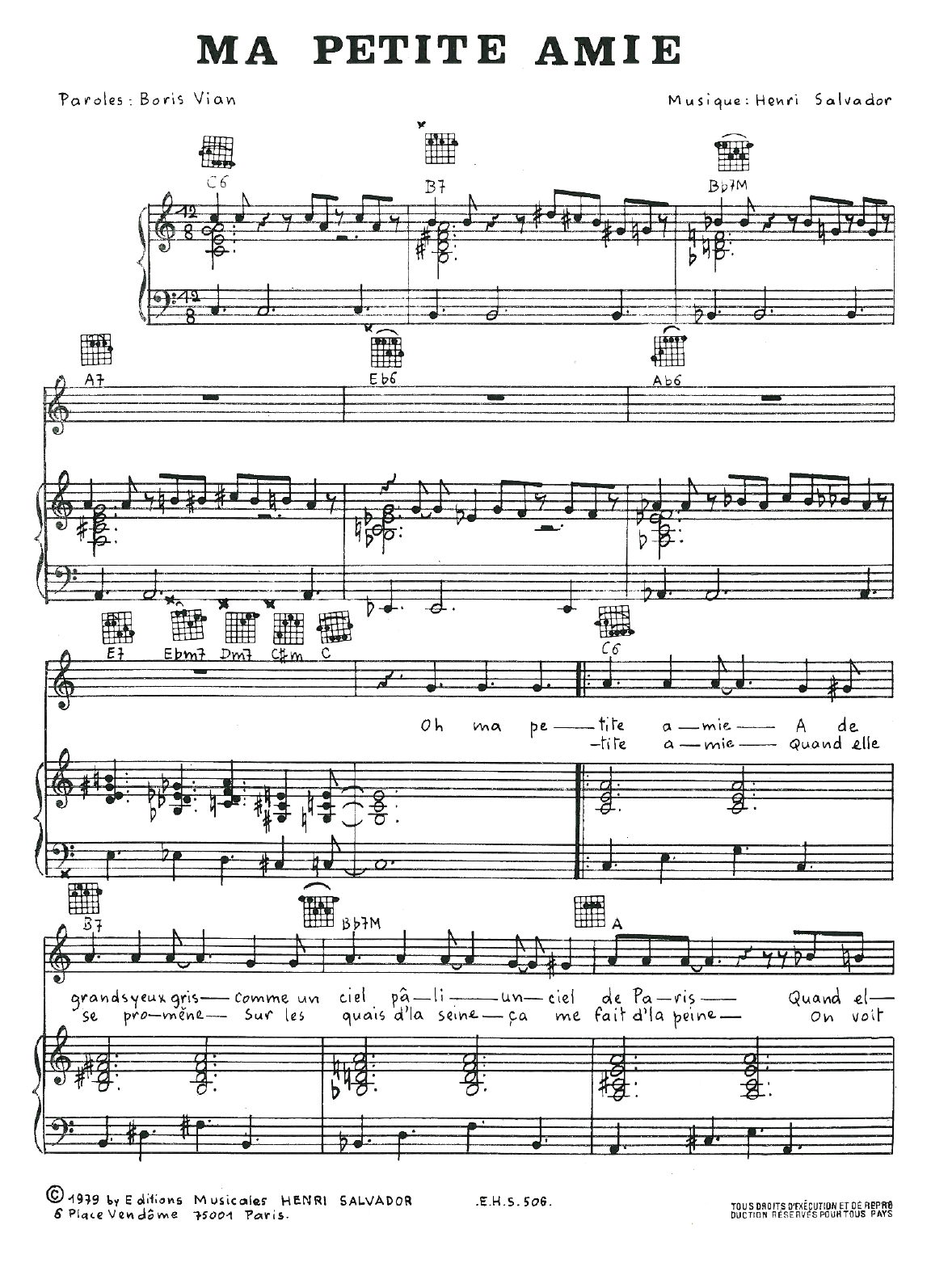 Henri Salvador Ma Petite Amie sheet music notes and chords arranged for Piano, Vocal & Guitar Chords