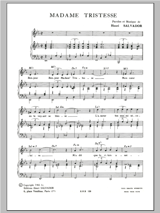 Henri Salvador Madame Tristesse sheet music notes and chords arranged for Piano & Vocal