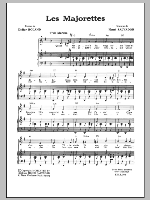Henri Salvador Majorettes sheet music notes and chords arranged for Piano & Vocal