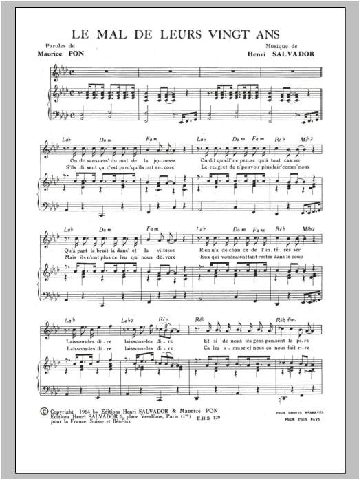 Henri Salvador Mal De Leurs Vingt Ans sheet music notes and chords arranged for Piano & Vocal