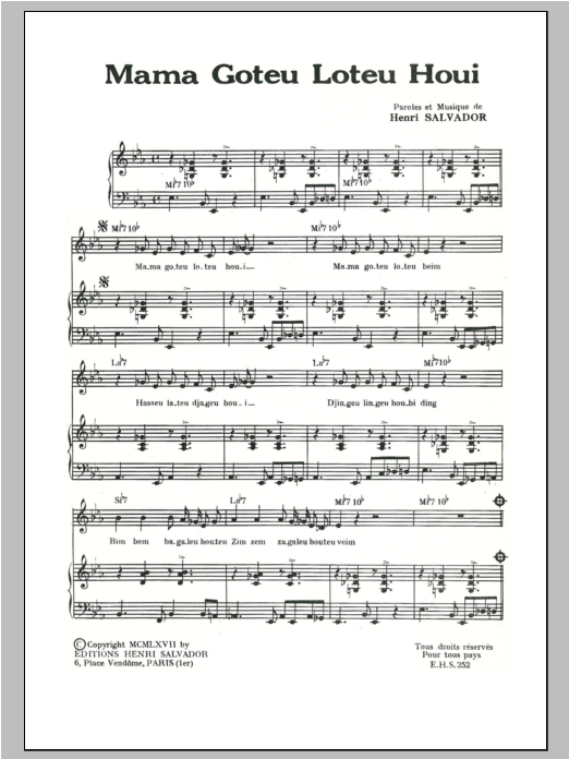 Henri Salvador Mama Goteu Loteu Houi sheet music notes and chords arranged for Piano & Vocal
