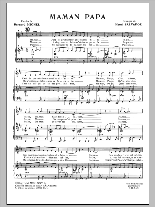 Henri Salvador Maman Papa sheet music notes and chords arranged for Piano & Vocal