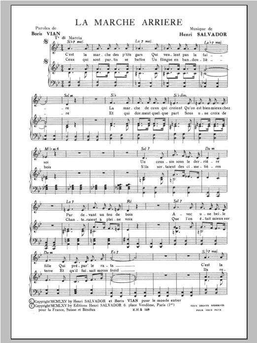 Henri Salvador Marche Arriere sheet music notes and chords arranged for Piano & Vocal
