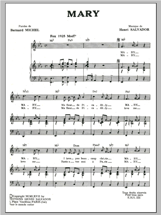 Henri Salvador Mary sheet music notes and chords arranged for Piano & Vocal