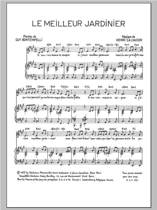 Henri Salvador Meilleur Jardinier sheet music notes and chords arranged for Piano & Vocal