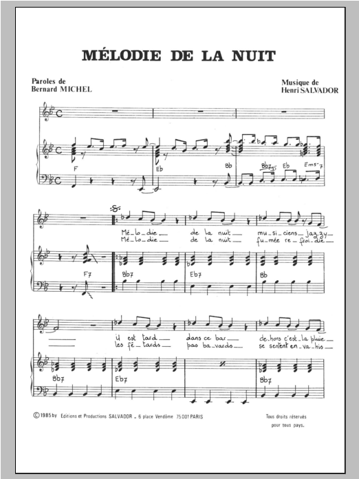 Henri Salvador Melodie De La Nuit sheet music notes and chords arranged for Piano & Vocal