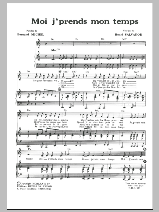 Henri Salvador Moi J Prends Mon Temps sheet music notes and chords arranged for Piano & Vocal