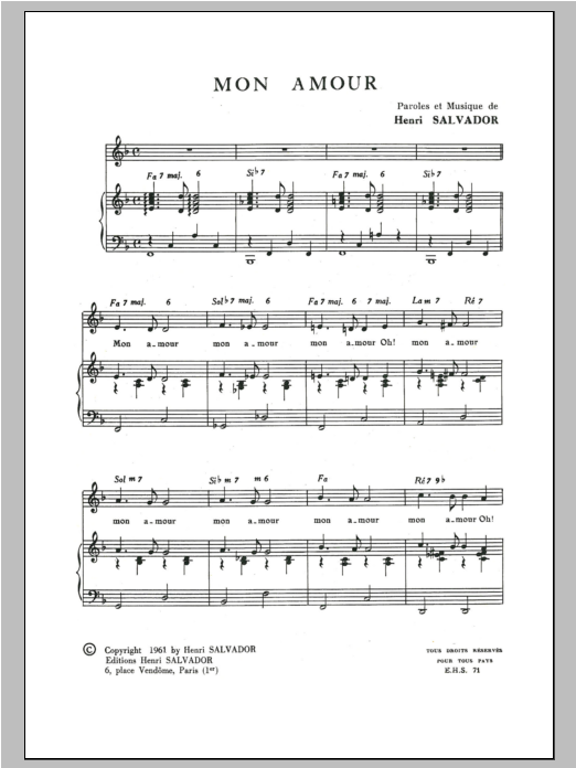 Henri Salvador Mon Amour sheet music notes and chords arranged for Piano & Vocal