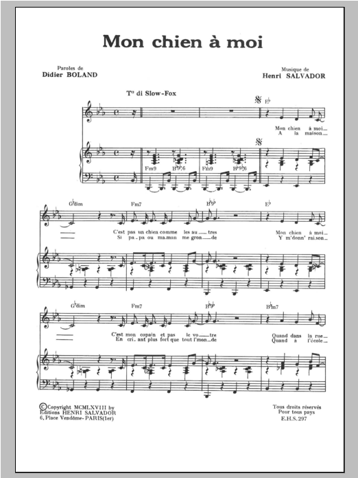 Henri Salvador Mon Chien A Moi sheet music notes and chords arranged for Piano & Vocal