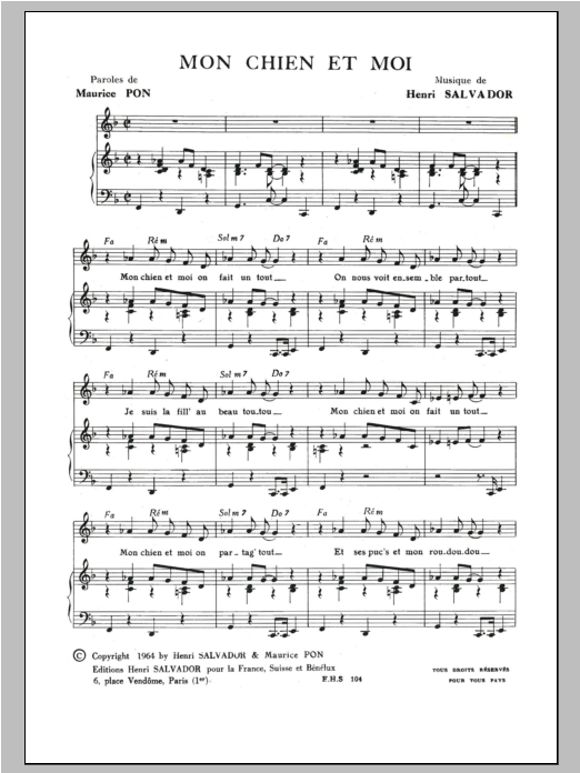 Henri Salvador Mon Chien Et Moi sheet music notes and chords arranged for Piano & Vocal