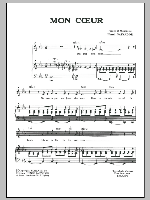 Henri Salvador Mon Coeur sheet music notes and chords arranged for Piano & Vocal