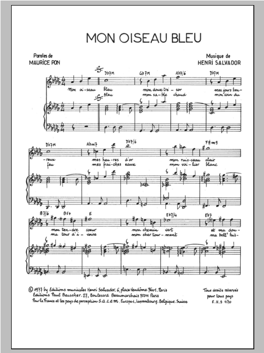 Henri Salvador Mon Oiseau Bleu sheet music notes and chords arranged for Piano & Vocal