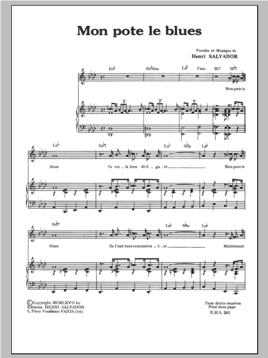 Henri Salvador Mon Pote Le Blues sheet music notes and chords arranged for Piano & Vocal