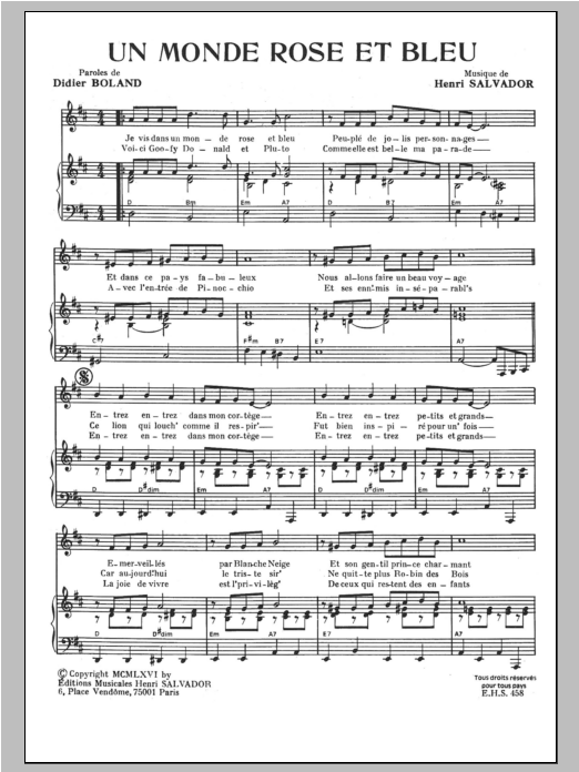 Henri Salvador Monde Rose Et Bleu sheet music notes and chords arranged for Piano & Vocal