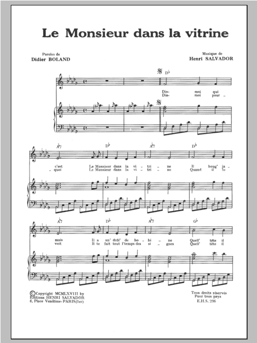 Henri Salvador Monsieur Dans La Vitrine sheet music notes and chords arranged for Piano & Vocal