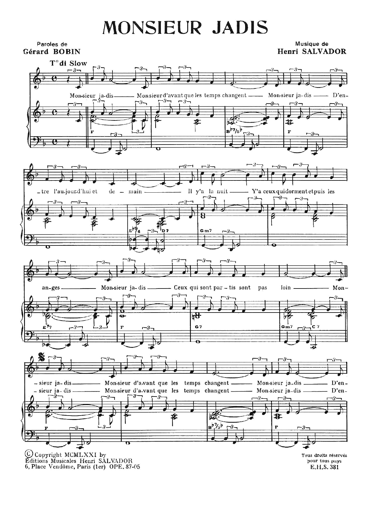 Henri Salvador Monsieur Jadis sheet music notes and chords arranged for Piano & Vocal