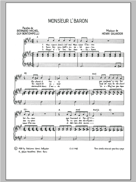 Henri Salvador Monsieur L'Baron sheet music notes and chords arranged for Piano & Vocal