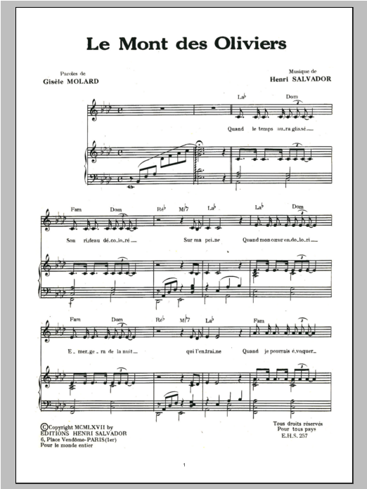 Henri Salvador Mont Des Oliviers sheet music notes and chords arranged for Piano & Vocal