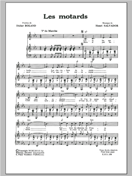 Henri Salvador Motards, Les sheet music notes and chords arranged for Piano & Vocal