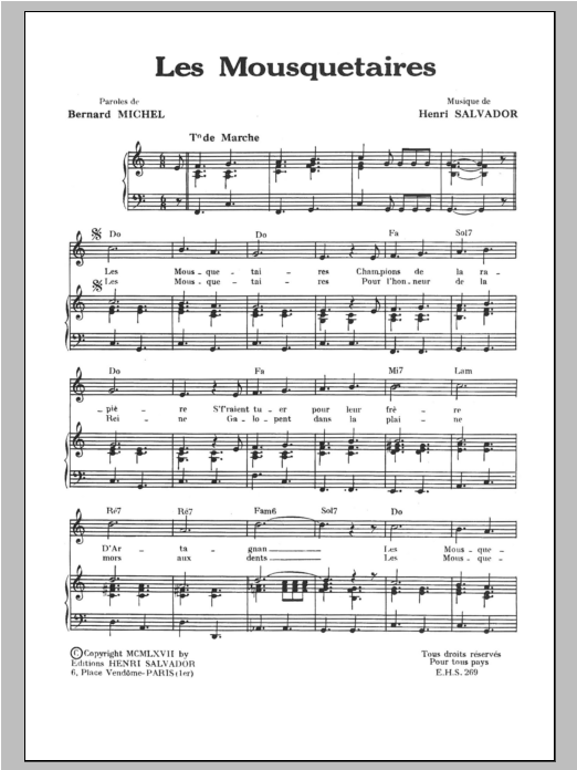 Henri Salvador Mousquetaires sheet music notes and chords arranged for Piano & Vocal