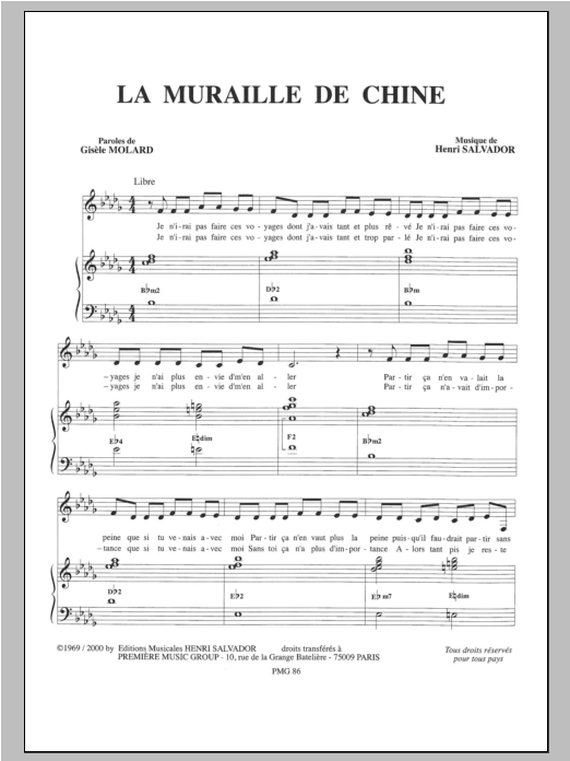 Henri Salvador Muraille De Chine sheet music notes and chords arranged for Piano & Vocal