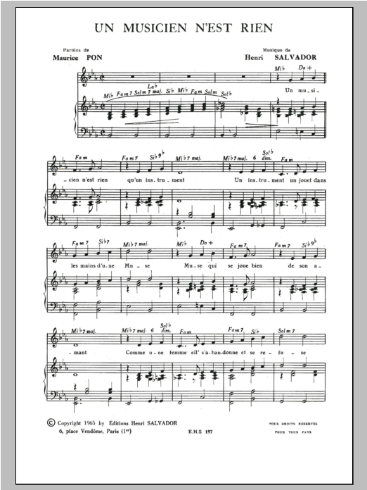 Henri Salvador Musicien N'est Rien sheet music notes and chords arranged for Piano & Vocal