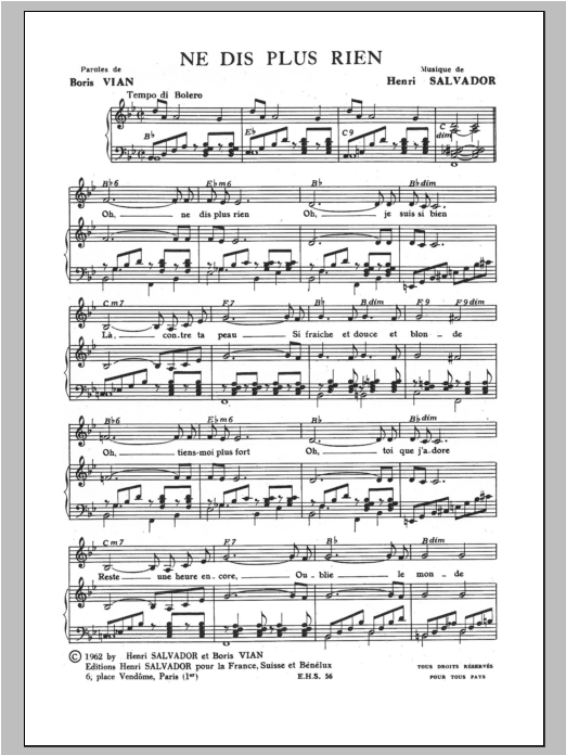 Henri Salvador Ne Dis Plus Rien sheet music notes and chords arranged for Piano & Vocal