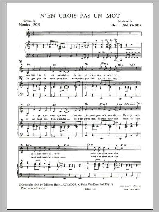Henri Salvador N'en Crois Pas Un Mot sheet music notes and chords arranged for Piano & Vocal