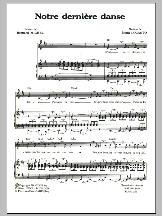 Henri Salvador Notre Derniere Danse sheet music notes and chords arranged for Piano & Vocal