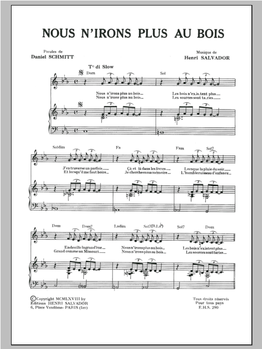 Henri Salvador Nous N'irons Plus Au Bois sheet music notes and chords arranged for Piano & Vocal