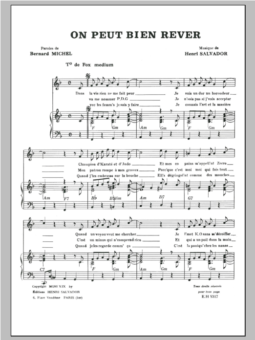 Henri Salvador On Peut Bien Rever sheet music notes and chords arranged for Piano & Vocal