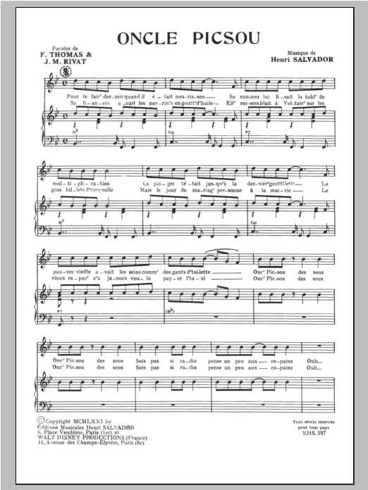 Henri Salvador Oncle Picsou sheet music notes and chords arranged for Piano & Vocal