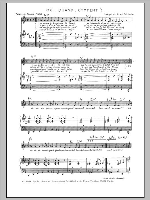 Henri Salvador Ou Quand Comment sheet music notes and chords arranged for Piano & Vocal