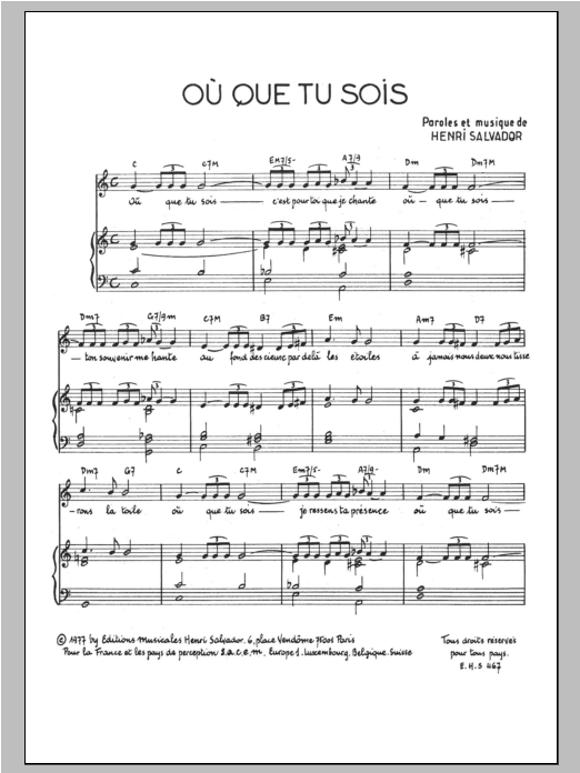 Henri Salvador Ou Que Tu Sois sheet music notes and chords arranged for Piano & Vocal