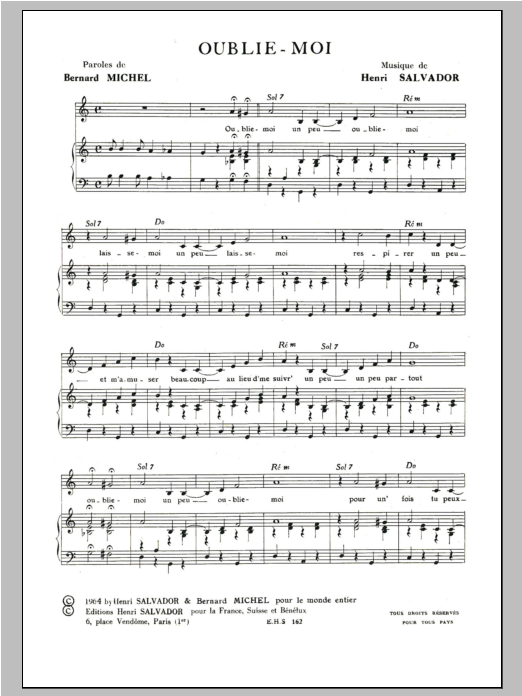 Henri Salvador Oublie Moi sheet music notes and chords arranged for Piano & Vocal