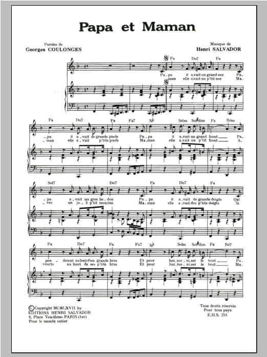 Henri Salvador Papa Et Maman sheet music notes and chords arranged for Piano & Vocal